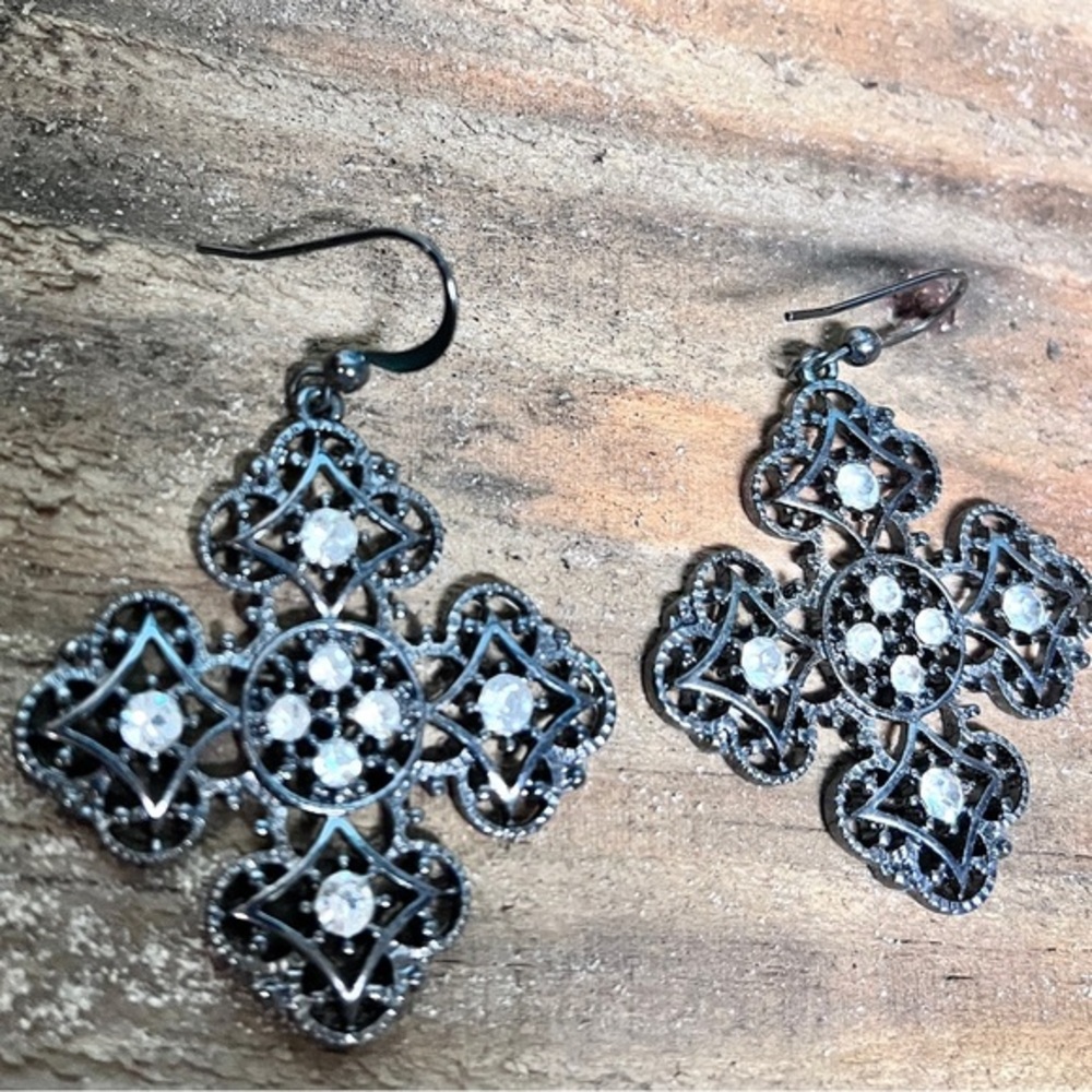 Black Cross Earrings with Gemstones; New!​